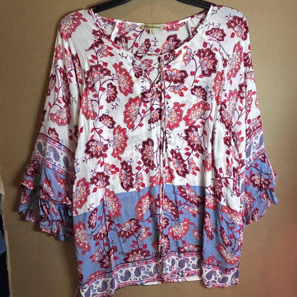 Democracy Floral Print Lace‎ Up Bell Sleeve Tunic Top Women XL White Red Blue